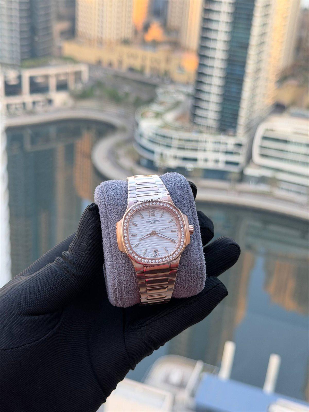 Patek Philippe Nautilus Ladies in Rose Gold-tone with Stone-set Bezel