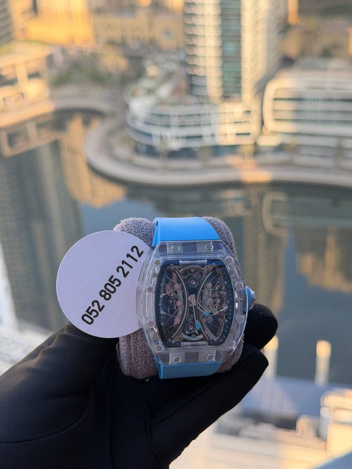 Richard Mille Skeleton Tonneau Watch in Clear & Sky Blue