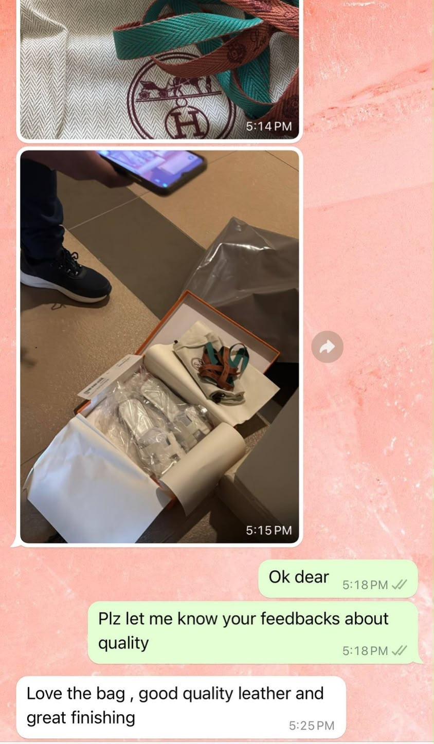 WhatsApp messages from a client showing the box and dust bag, then: love the bag, good quality leather and great finishing