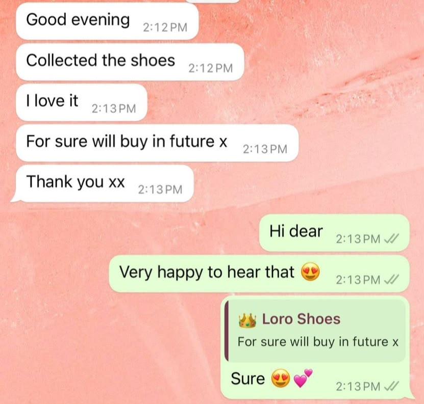 WhatsApp message from a client: collected the shoes, loves them and will buy again