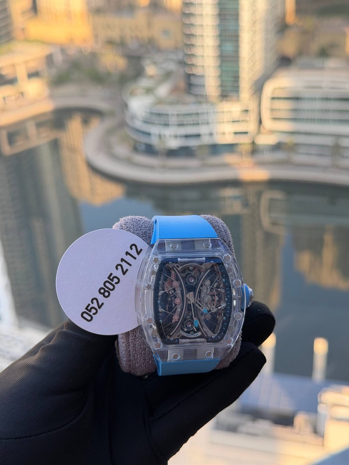 Richard Mille Skeleton Tonneau Watch in Clear & Sky Blue