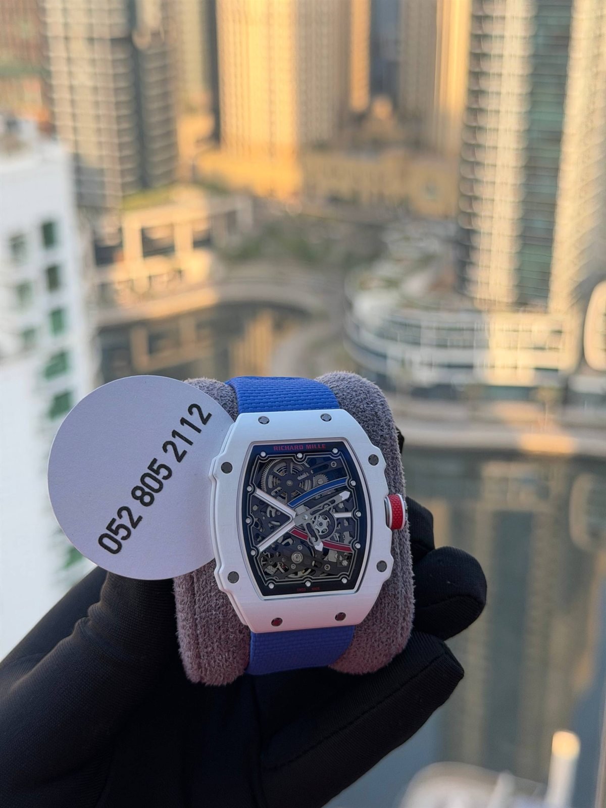Richard Mille Skeleton Tonneau Watch in White with Blue & Red