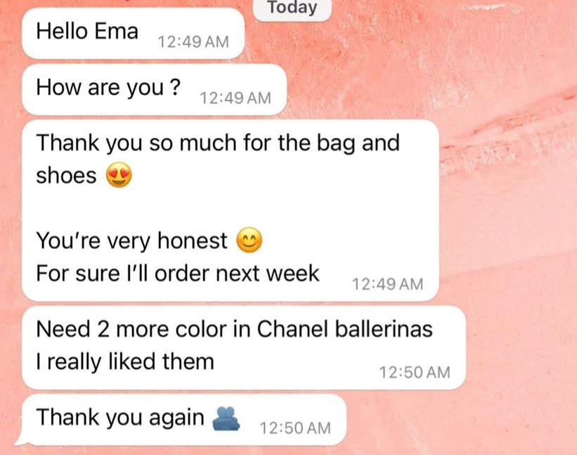 WhatsApp message from a client thanking us for the bag and shoes and asking for two more colours of Chanel ballerinas