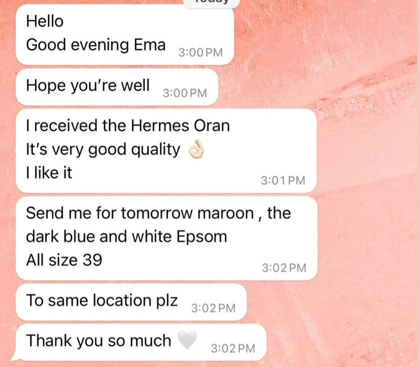 WhatsApp message from a client: received the Hermès Oran, very good quality, and ordering three more pairs in size 39